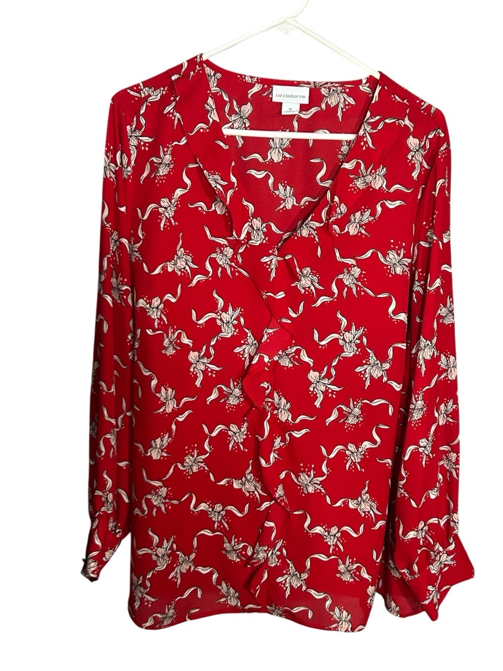 Liz Claiborne Red Floral V-Neck Blouse